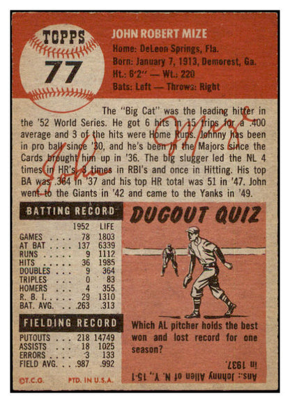 1953 Topps Baseball #077 Johnny Mize Yankees EX-MT 519336