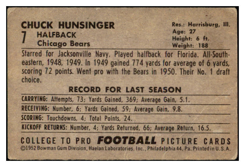 1952 Bowman Large Football #007 Chuck Hunsinger Bears VG-EX 519359