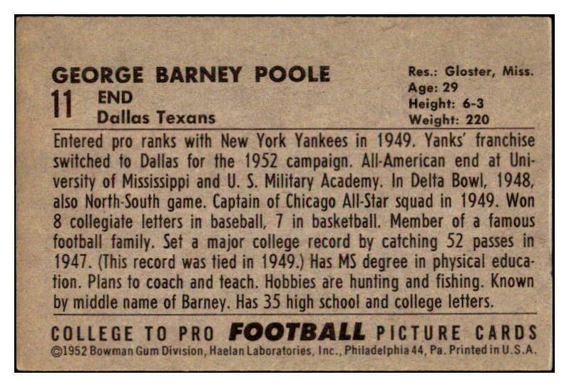 1952 Bowman Large Football #011 Barney Poole Texans FR-GD 519364