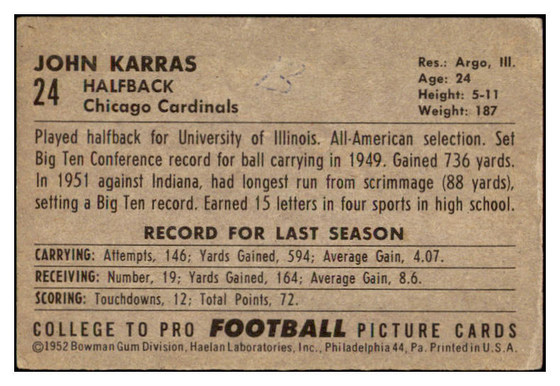 1952 Bowman Large Football #024 John Karras Cardinals VG-EX 519376