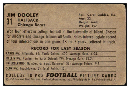1952 Bowman Large Football #031 Jim Dooley Bears VG 519380