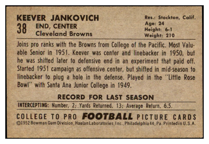 1952 Bowman Large Football #038 Keever Jankovich Browns EX-MT 519383