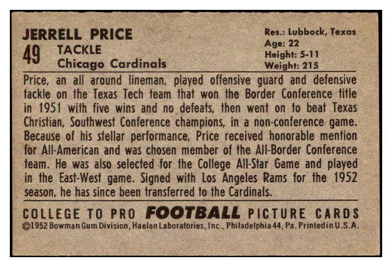 1952 Bowman Large Football #049 Jerrell Price Cardinals EX 519393