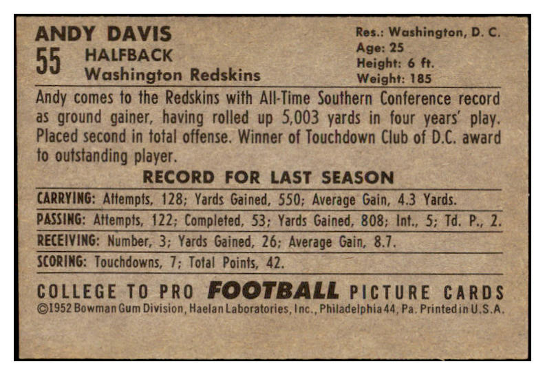 1952 Bowman Large Football #055 Andy Davis Washington PR-FR 519401