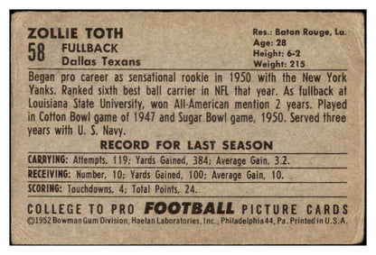 1952 Bowman Large Football #058 Zollie Toth Texans FR-GD 519405