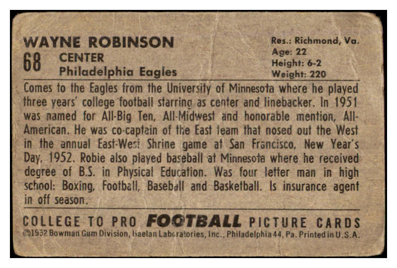 1952 Bowman Large Football #068 Wayne Robinson Eagles PR-FR 519411