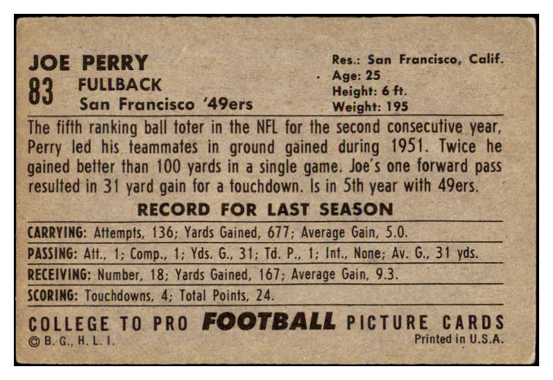 1952 Bowman Large Football #083 Joe Perry 49ers VG-EX 519424