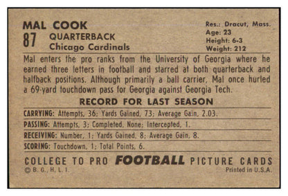 1952 Bowman Large Football #087 Mal Cook Cardinals EX-MT 519428
