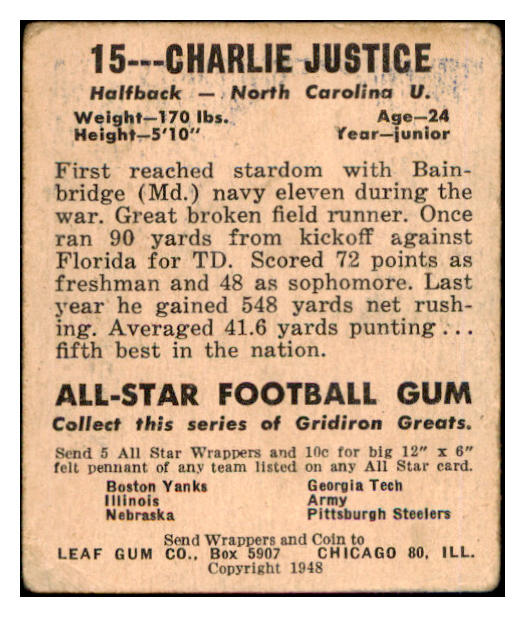 1948 Leaf #015 Charlie Justice North Carolina VG 519479