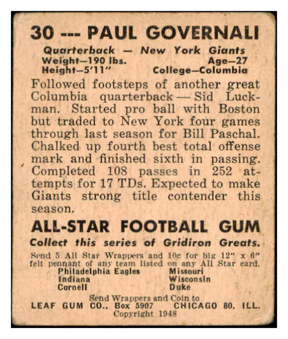 1948 Leaf #030 Paul Governali Giants VG 519495