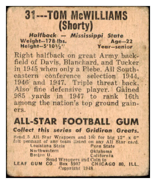 1948 Leaf #031 Tom McWilliams Mississippi St. GD-VG 519496