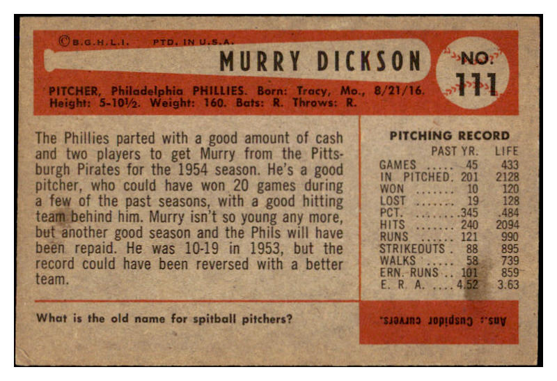 1954 Bowman Baseball #111 Murry Dickson Phillies NR-MT 519614