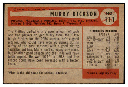 1954 Bowman Baseball #111 Murry Dickson Phillies NR-MT 519614