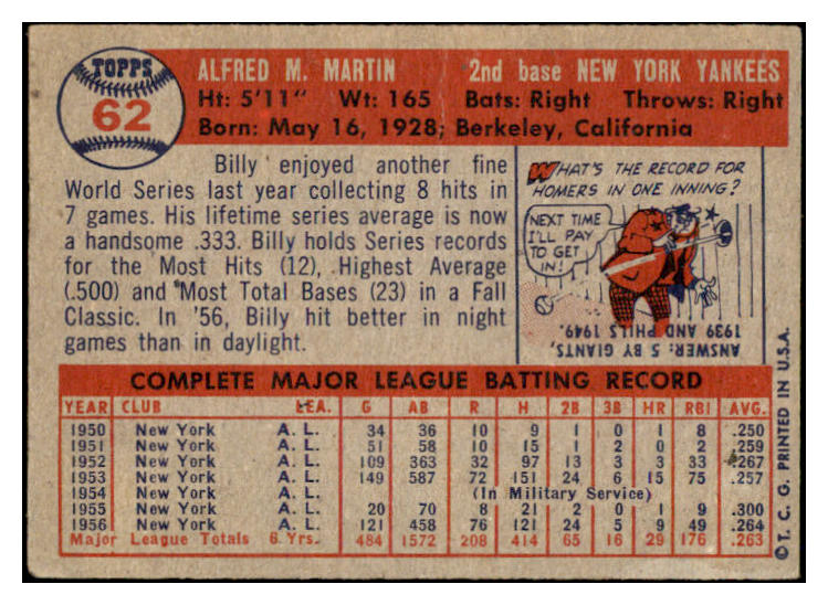 1957 Topps Baseball #062 Billy Martin Yankees GD-VG 519737