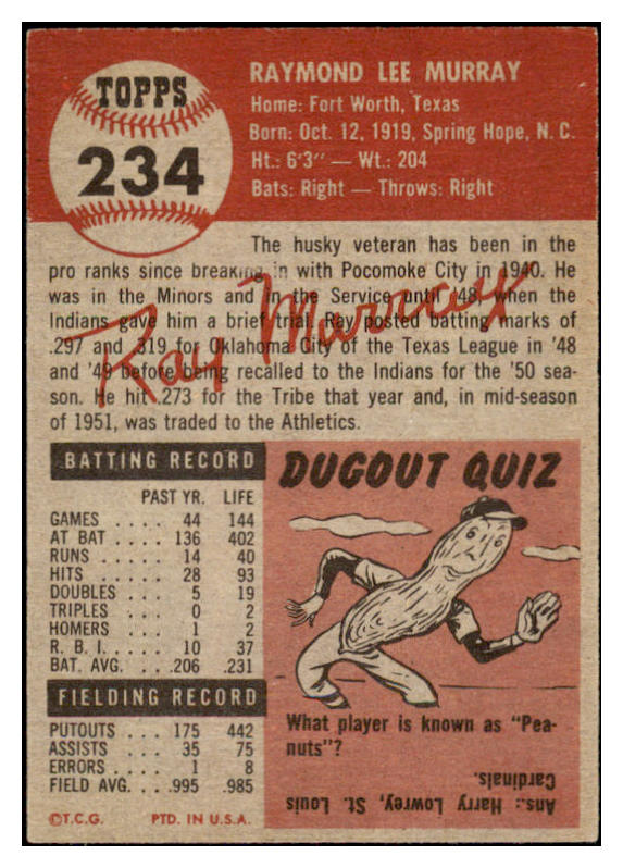 1953 Topps Baseball #234 Ray Murray A's EX 519754