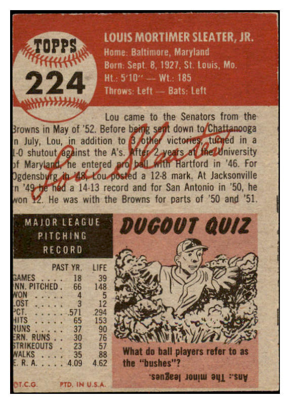 1953 Topps Baseball #224 Lou Sleater Senators GD-VG 519764