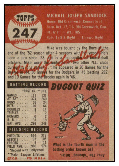 1953 Topps Baseball #247 Mike Sandlock Pirates EX 519783