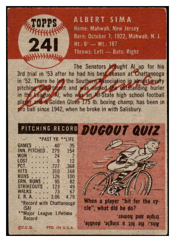 1953 Topps Baseball #241 Al Sima Senators VG-EX 519791
