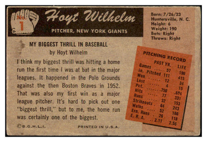 1955 Bowman Baseball #001 Hoyt Wilhelm Giants VG 520127
