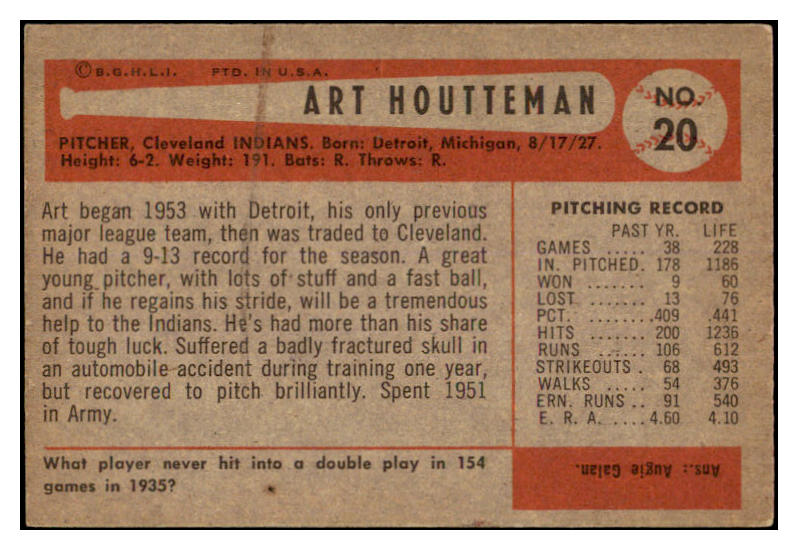 1954 Bowman Baseball #020 Art Houtteman Indians EX-MT 520138