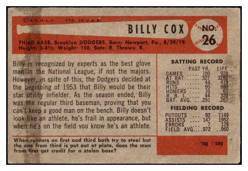 1954 Bowman Baseball #026 Billy Cox Dodgers EX-MT 520142