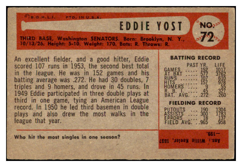 1954 Bowman Baseball #072 Eddie Yost Senators EX-MT 520150