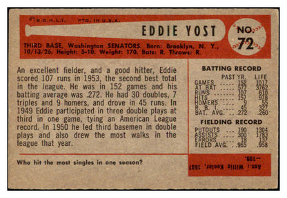 1954 Bowman Baseball #072 Eddie Yost Senators EX-MT 520150