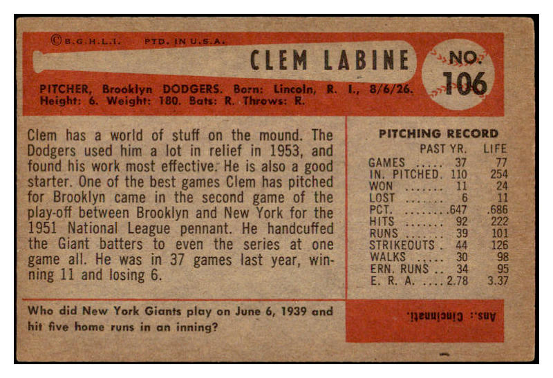 1954 Bowman Baseball #106 Clem Labine Dodgers EX-MT 520160