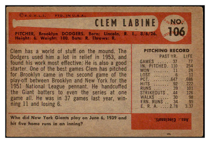 1954 Bowman Baseball #106 Clem Labine Dodgers EX-MT 520160