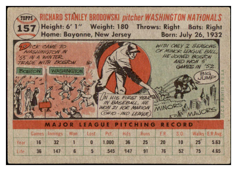 1956 Topps Baseball #157 Dick Brodowski Senators EX-MT Gray 520224