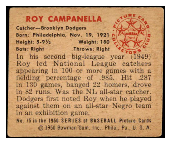 1950 Bowman Baseball #075 Roy Campanella Dodgers VG-EX/EX 520247