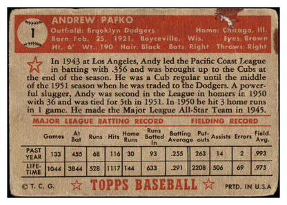 1952 Topps Baseball #001 Andy Pafko Dodgers Poor Red 520661