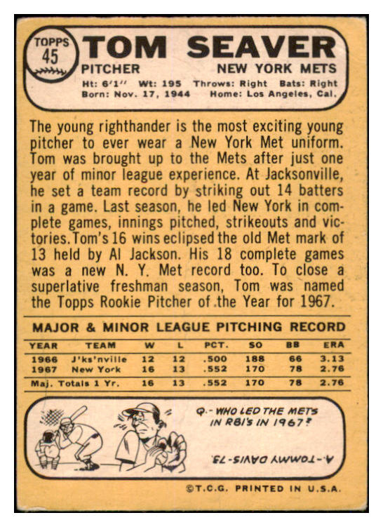 1968 Topps Baseball #045 Tom Seaver Mets FR-GD 520813