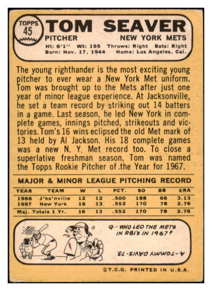 1968 Topps Baseball #045 Tom Seaver Mets FR-GD 520813