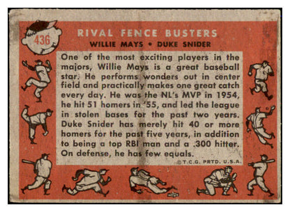 1958 Topps Baseball #436 Willie Mays Duke Snider VG 521083