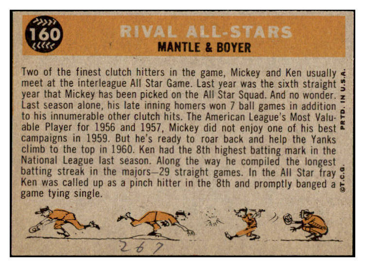 1960 Topps Baseball #160 Mickey Mantle Ken Boyer EX-MT 521177