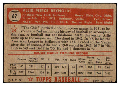 1952 Topps Baseball #067 Allie Reynolds Yankees Good Red 521289