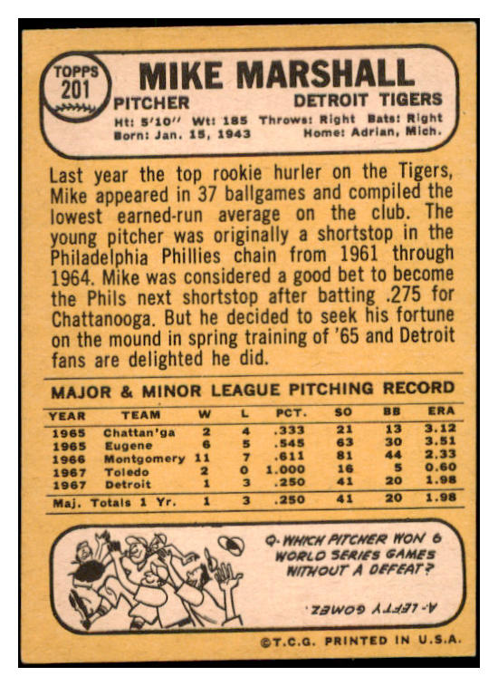 1968 Topps Baseball #201 Mike Marshall Tigers EX-MT 521698
