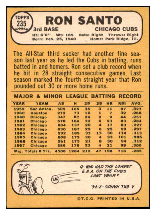 1968 Topps Baseball #235 Ron Santo Cubs EX-MT 521704