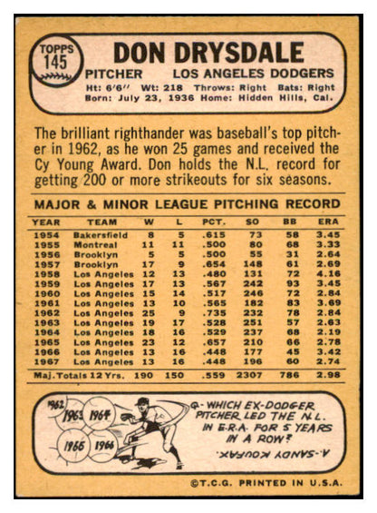 1968 Topps Baseball #145 Don Drysdale Dodgers NR-MT 521716