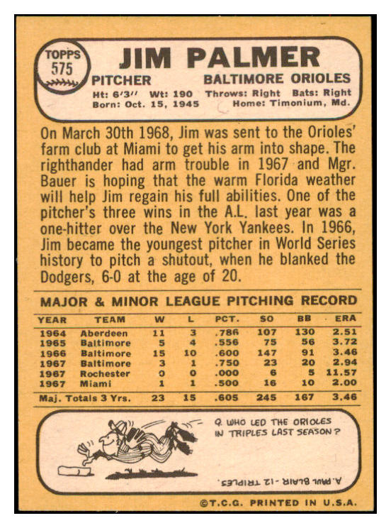 1968 Topps Baseball #575 Jim Palmer Orioles EX-MT 521729