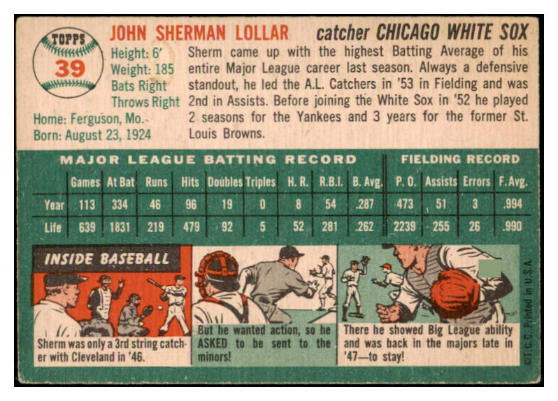 1954 Topps Baseball #039 Sherm Lollar White Sox VG-EX 521856