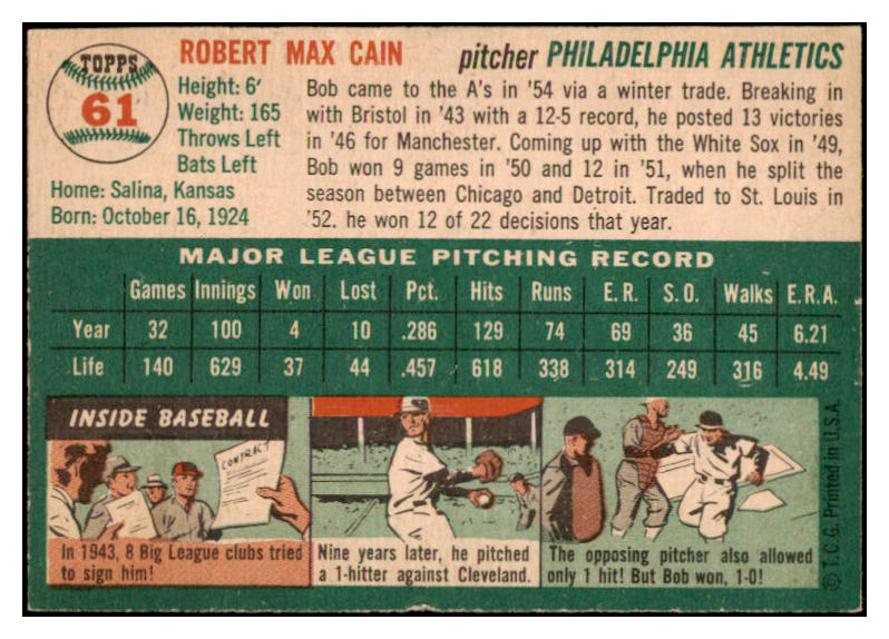 1954 Topps Baseball #061 Bob Cain A's VG-EX 521882