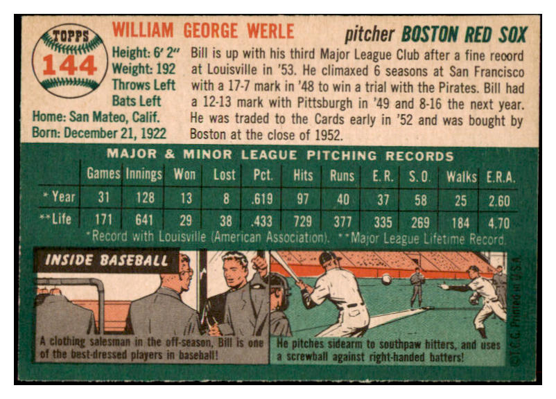 1954 Topps Baseball #144 Bill Werle Red Sox EX-MT 521969
