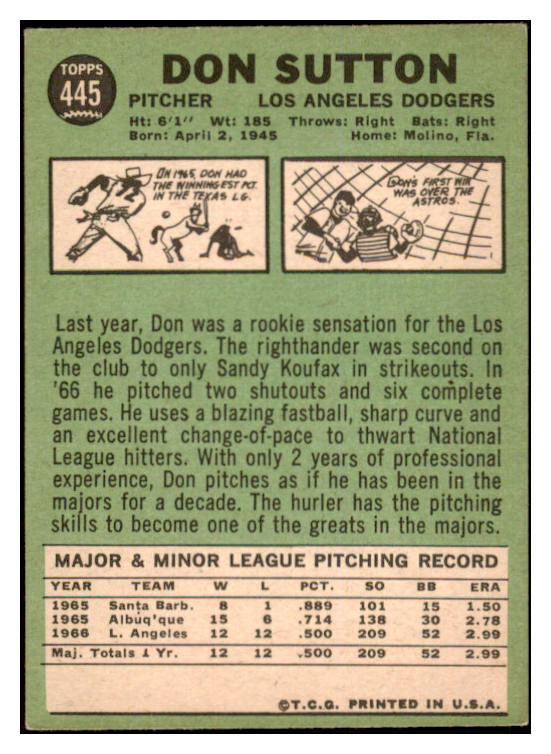 1967 Topps Baseball #445 Don Sutton Dodgers EX 522116