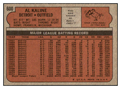 1972 Topps Baseball #600 Al Kaline Tigers EX-MT 522516