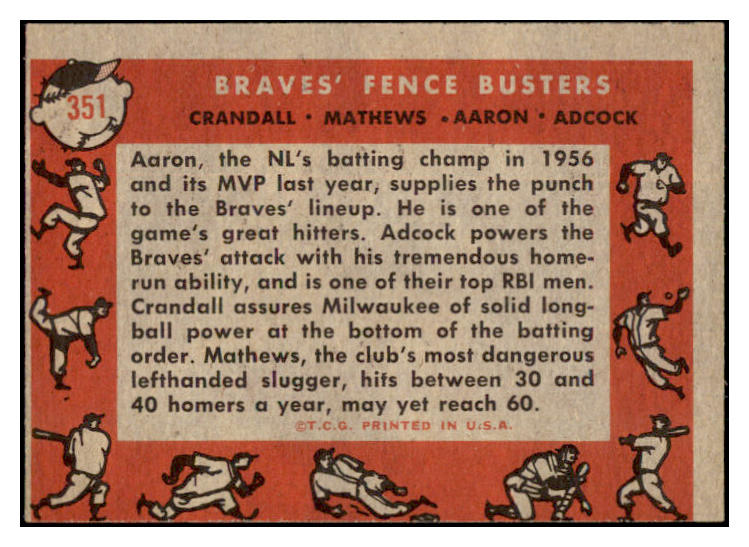 1958 Topps Baseball #351 Hank Aaron Eddie Mathews EX 522551