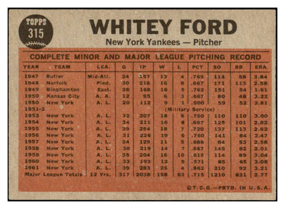 1962 Topps Baseball #315 Whitey Ford IA Yankees EX 522639