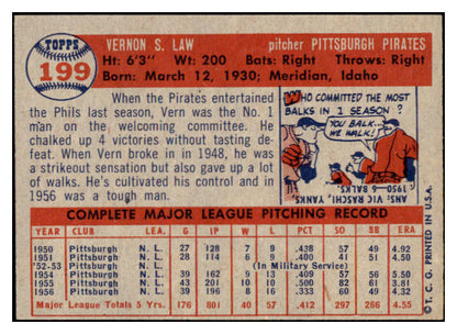1957 Topps Baseball #199 Vern Law Pirates EX 523797
