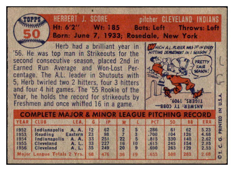 1957 Topps Baseball #050 Herb Score Indians EX 523800